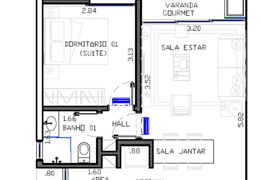 Planta 1 dormitorio de 50 m2_Apartamento na Planta Aryeh localizado Praia do Tenorio Ubatuba Construtora Rocha Real