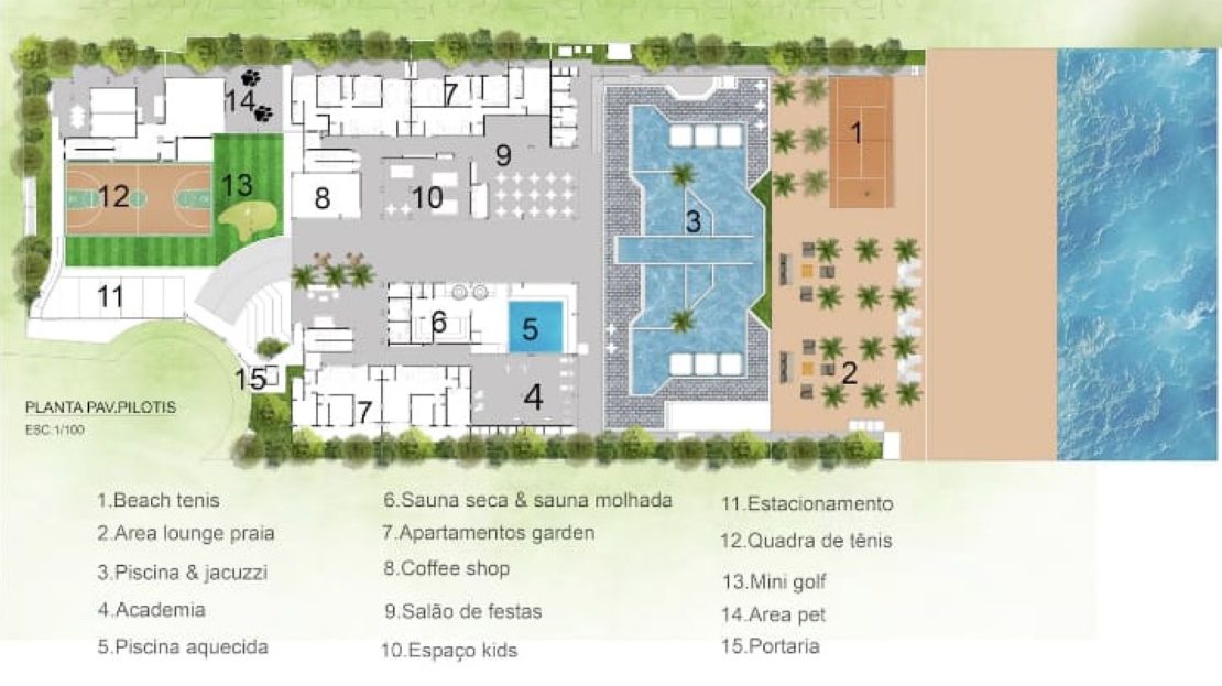 Localização da area de Lazer_Apartamento na Planta - Pe na areia - Ubatuba - Enseada Palms