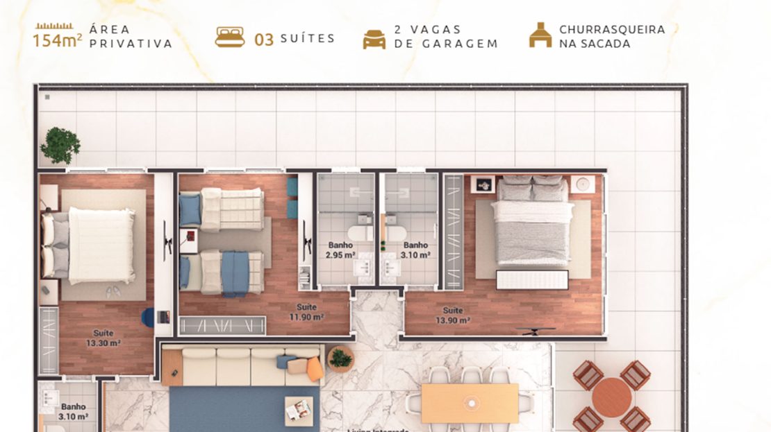 Planta 3 suites_Apartamento na Planta - Pe na areia - Ubatuba - Enseada Palms